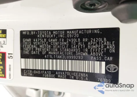 2020 Toyota Camry Le из США, поврежденный, VIN 4T1L11AK2LU999293